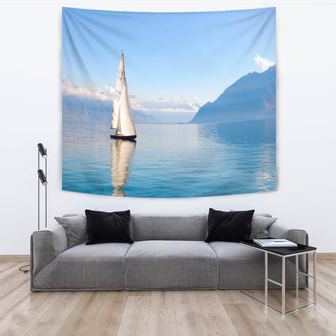 TAPESTRY SAILBOAT ON MOUNTAIN LAKE